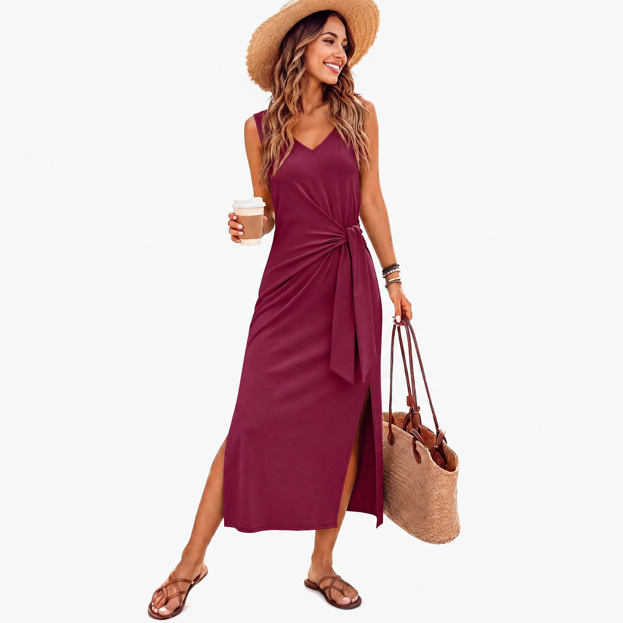 Casual Midi Sleeveless Summer Work Dress With Tie For Women