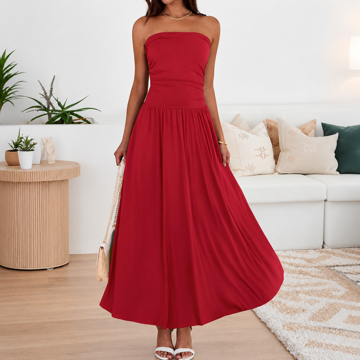 Casual Strapless Ruched Maxi Dress With Pockets For Women