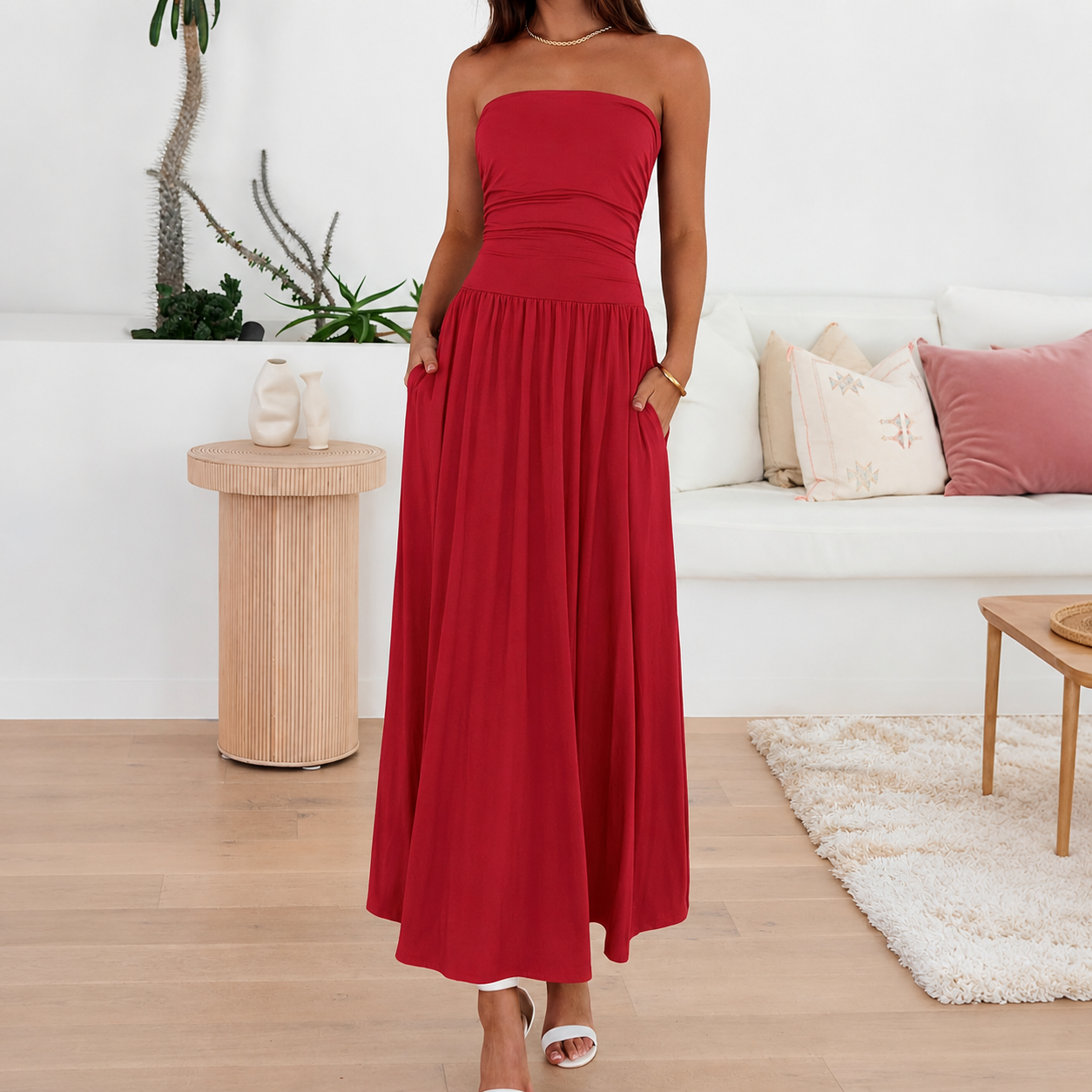 Casual Strapless Ruched Maxi Dress With Pockets For Women