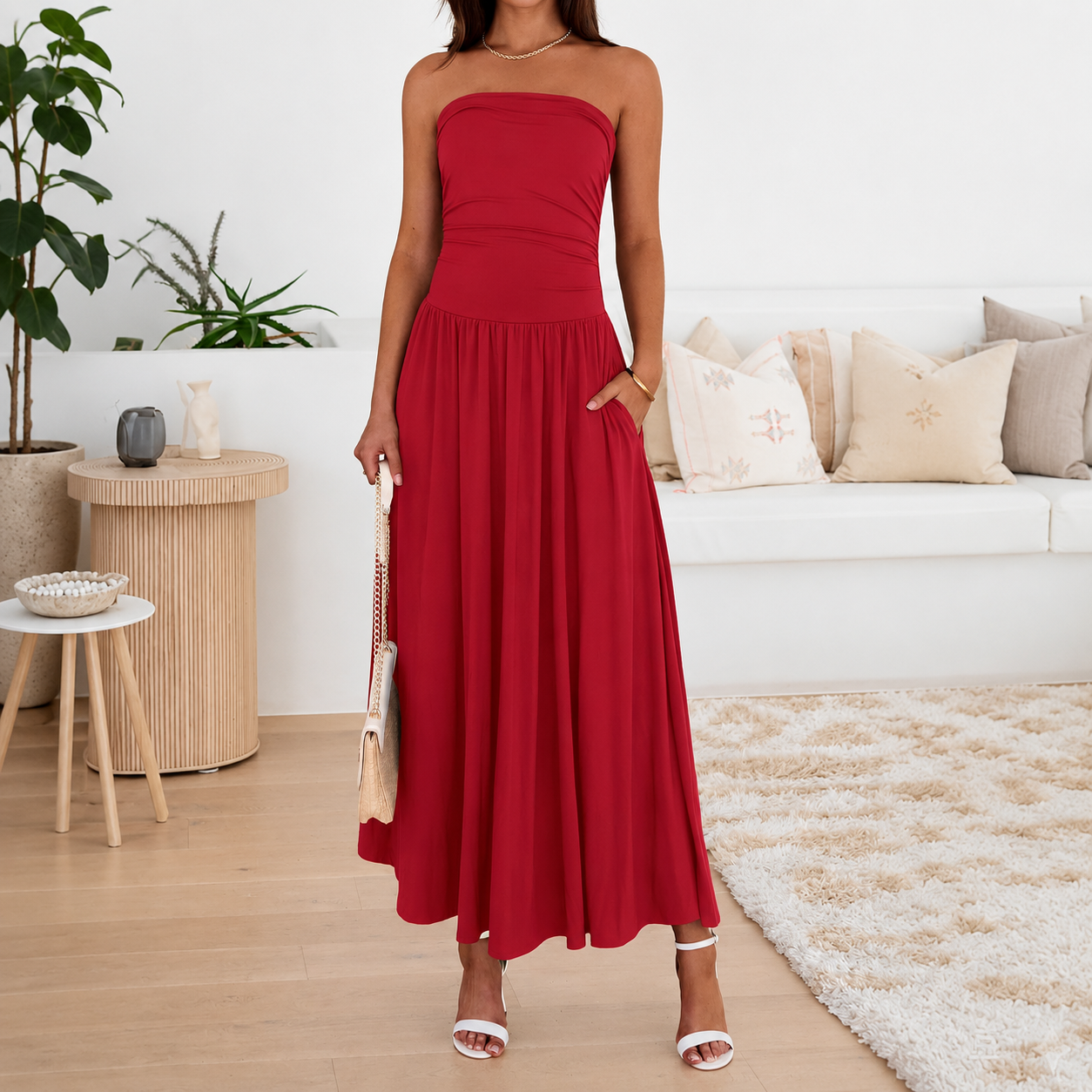 Casual Strapless Ruched Maxi Dress With Pockets For Women