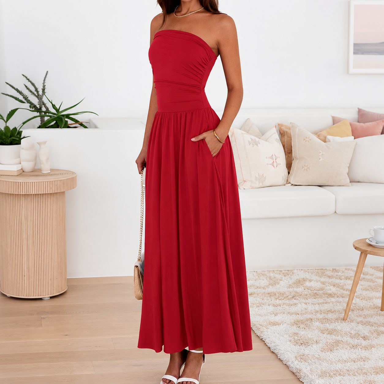 Casual Strapless Ruched Maxi Dress With Pockets For Women