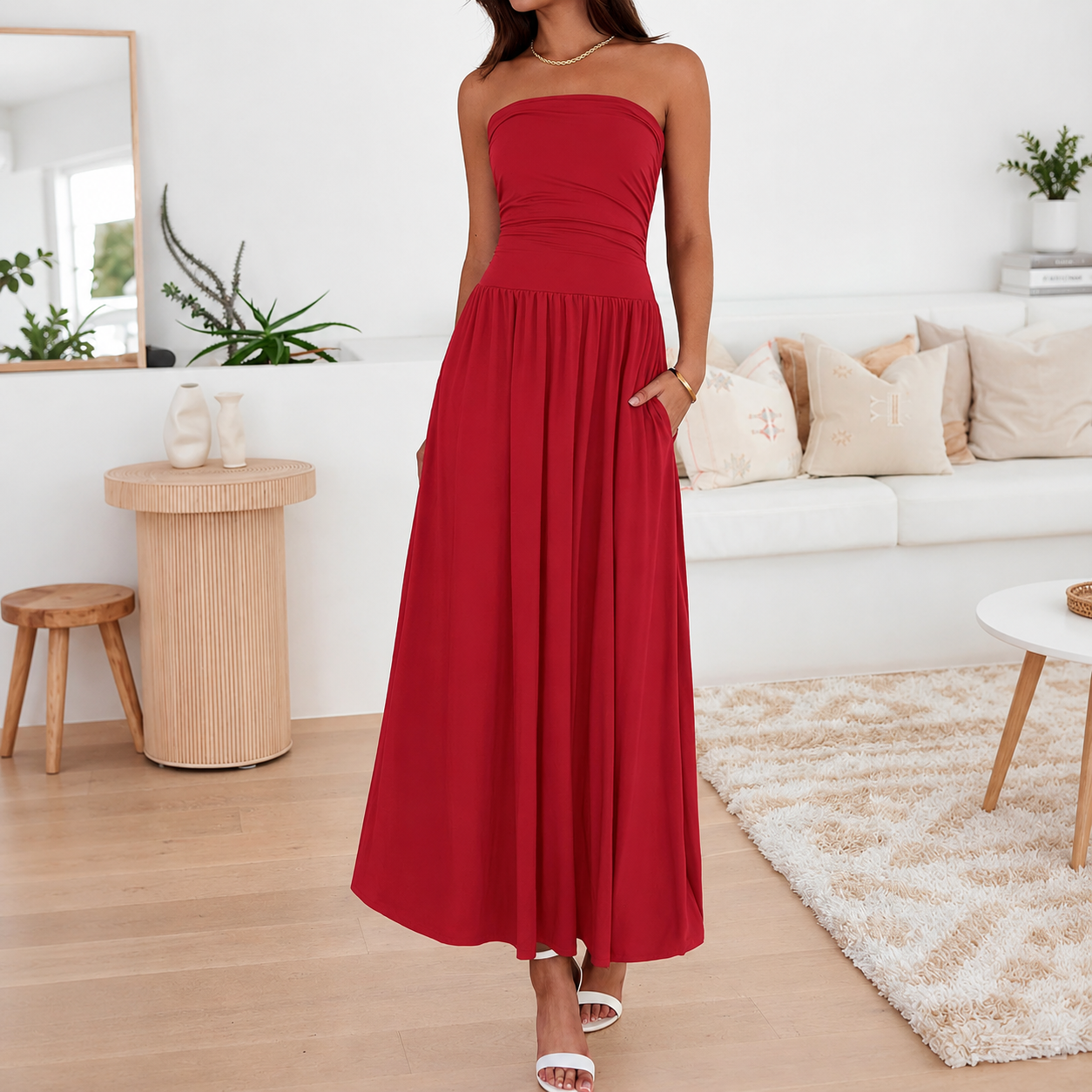 Casual Strapless Ruched Maxi Dress With Pockets For Women
