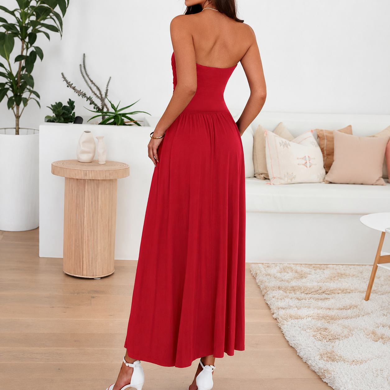 Casual Strapless Ruched Maxi Dress With Pockets For Women