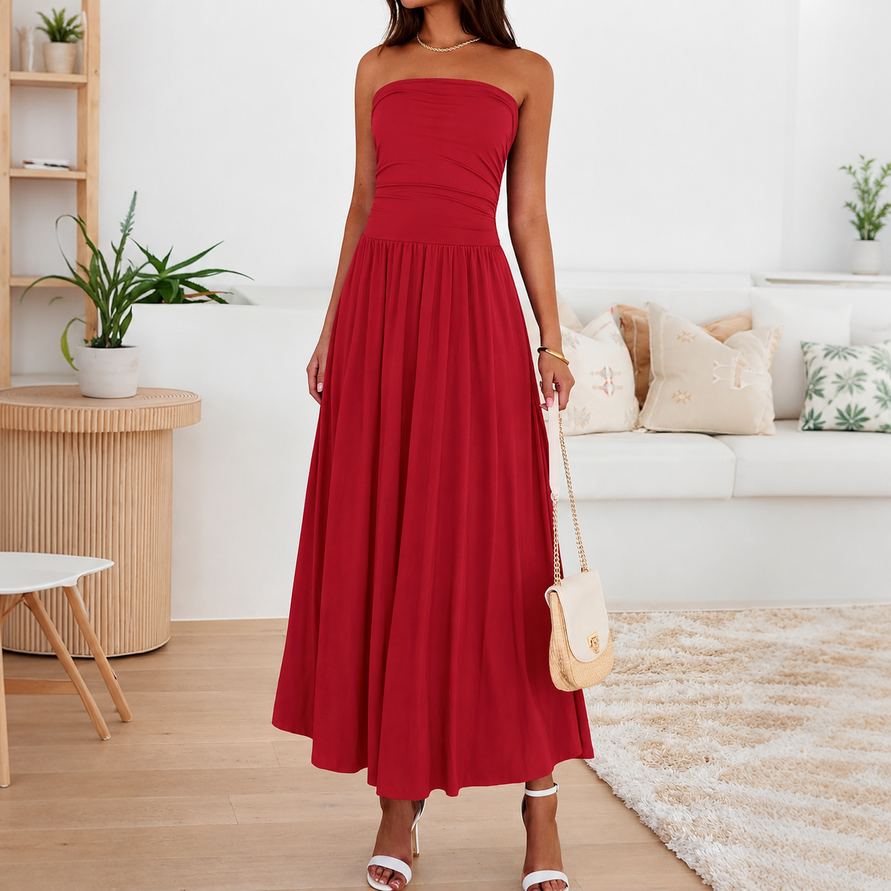 Casual Strapless Ruched Maxi Dress With Pockets For Women