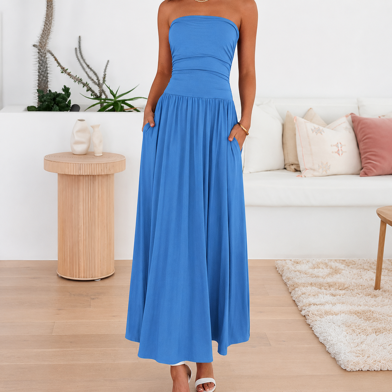 Casual Strapless Ruched Maxi Dress With Pockets For Women