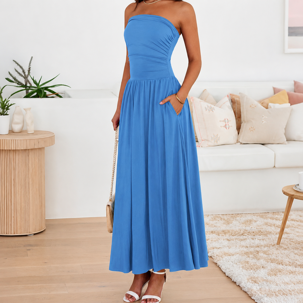Casual Strapless Ruched Maxi Dress With Pockets For Women