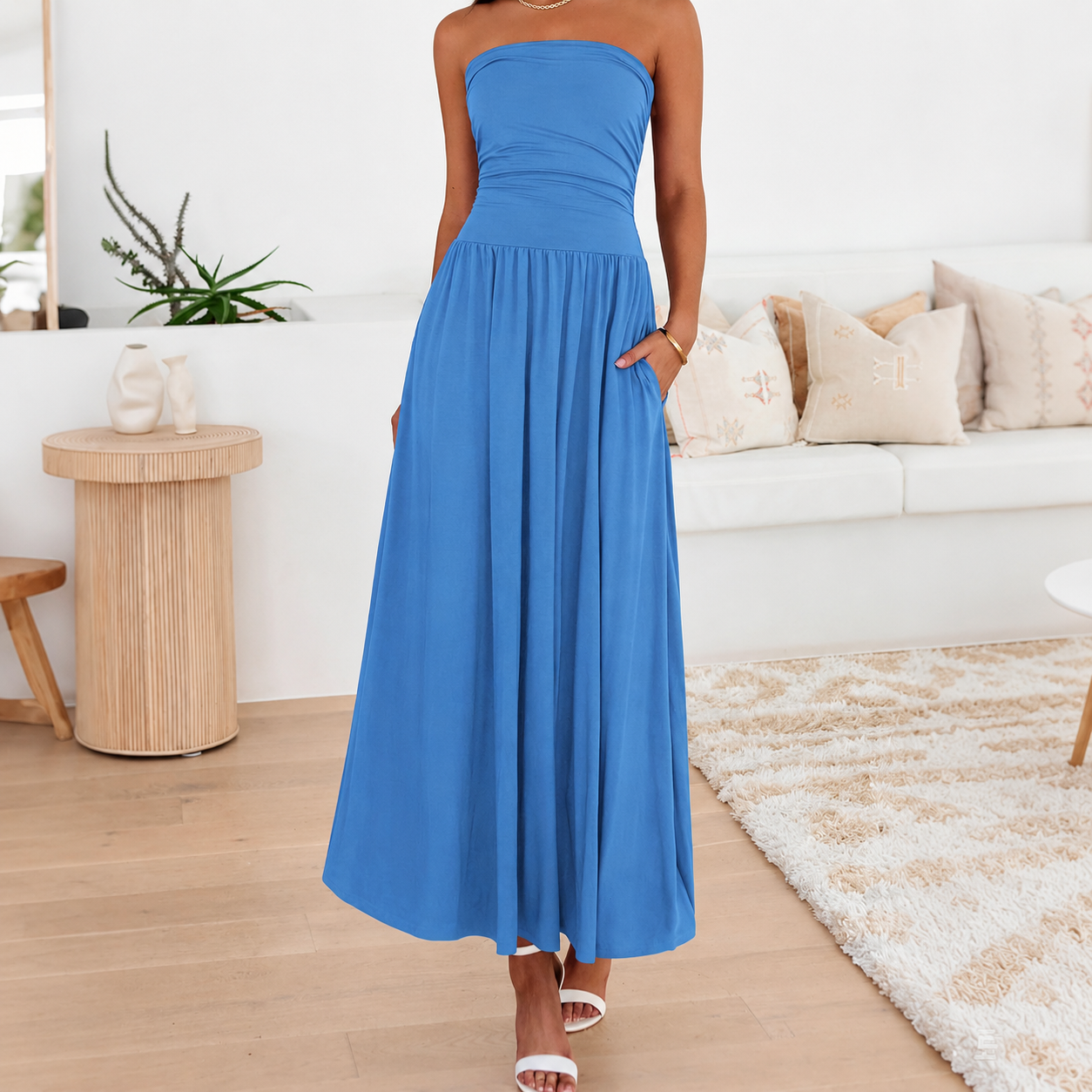 Casual Strapless Ruched Maxi Dress With Pockets For Women
