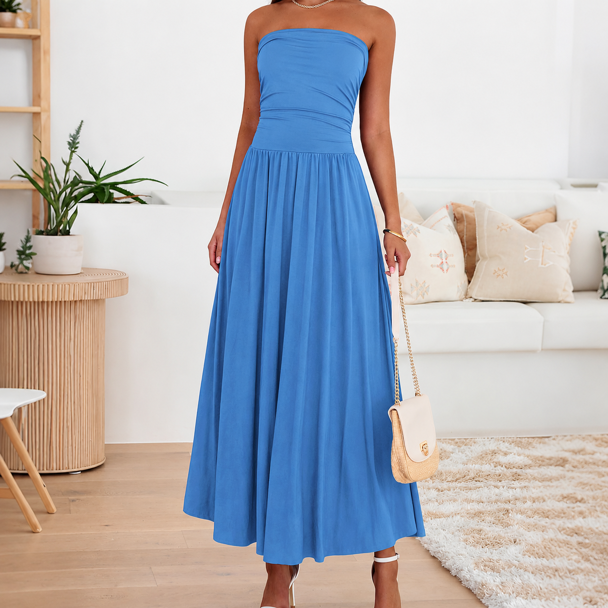 Casual Strapless Ruched Maxi Dress With Pockets For Women