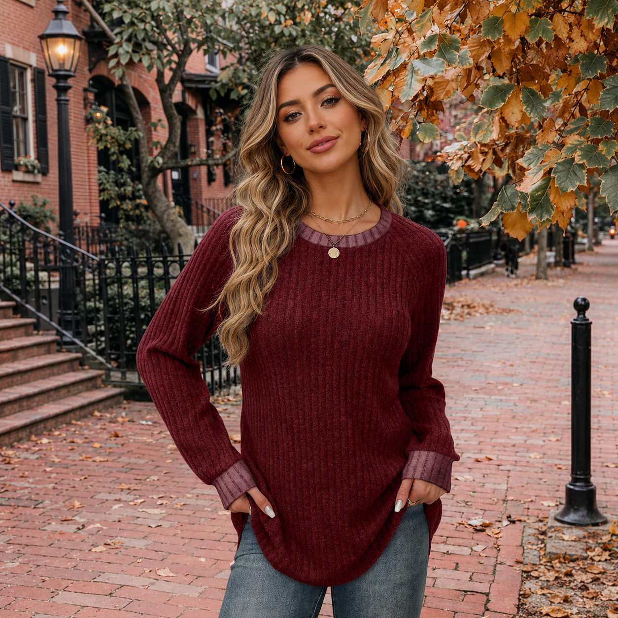 Casual Ribbed Long Sleeve Cuff Detail Top for Women