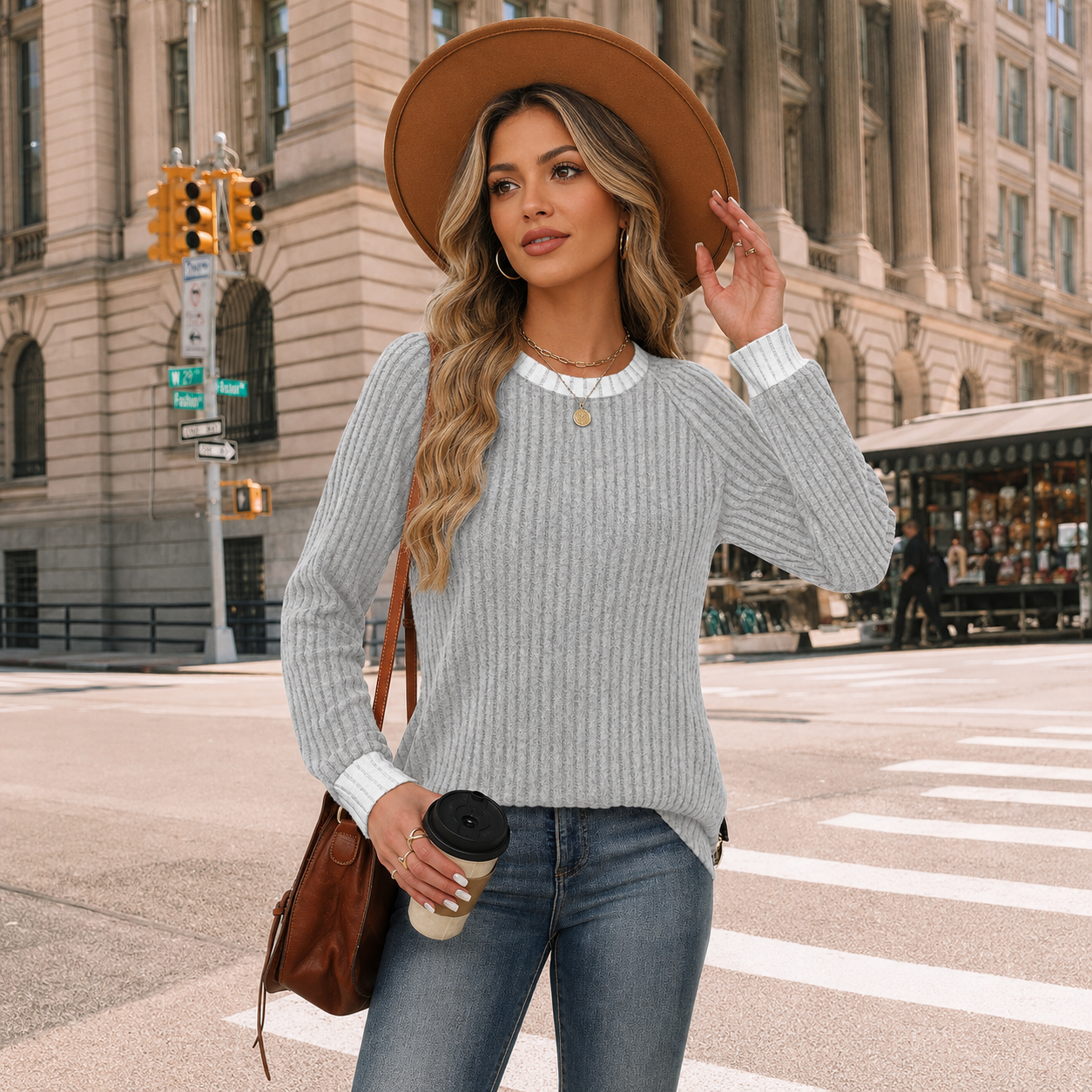 Casual Ribbed Long Sleeve Cuff Detail Top for Women
