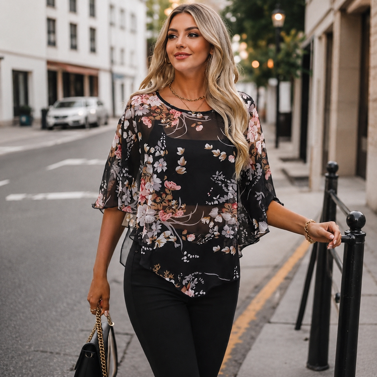 Printed See Through Batwing Sleeve Top For Women