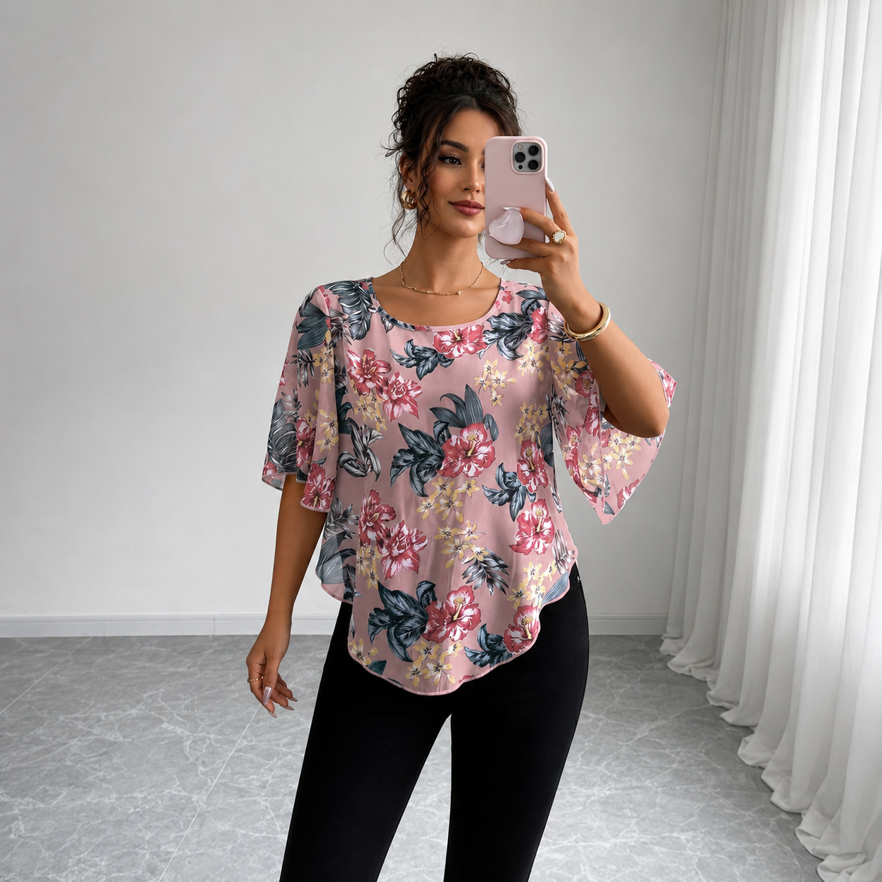 Printed See Through Batwing Sleeve Top For Women