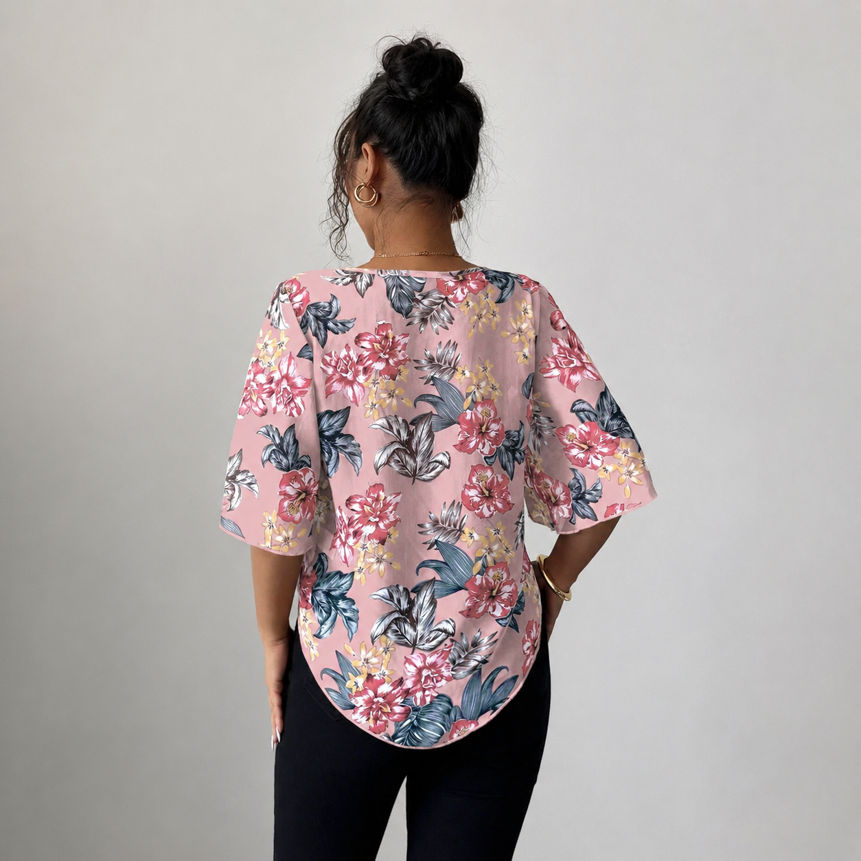 Printed See Through Batwing Sleeve Top For Women