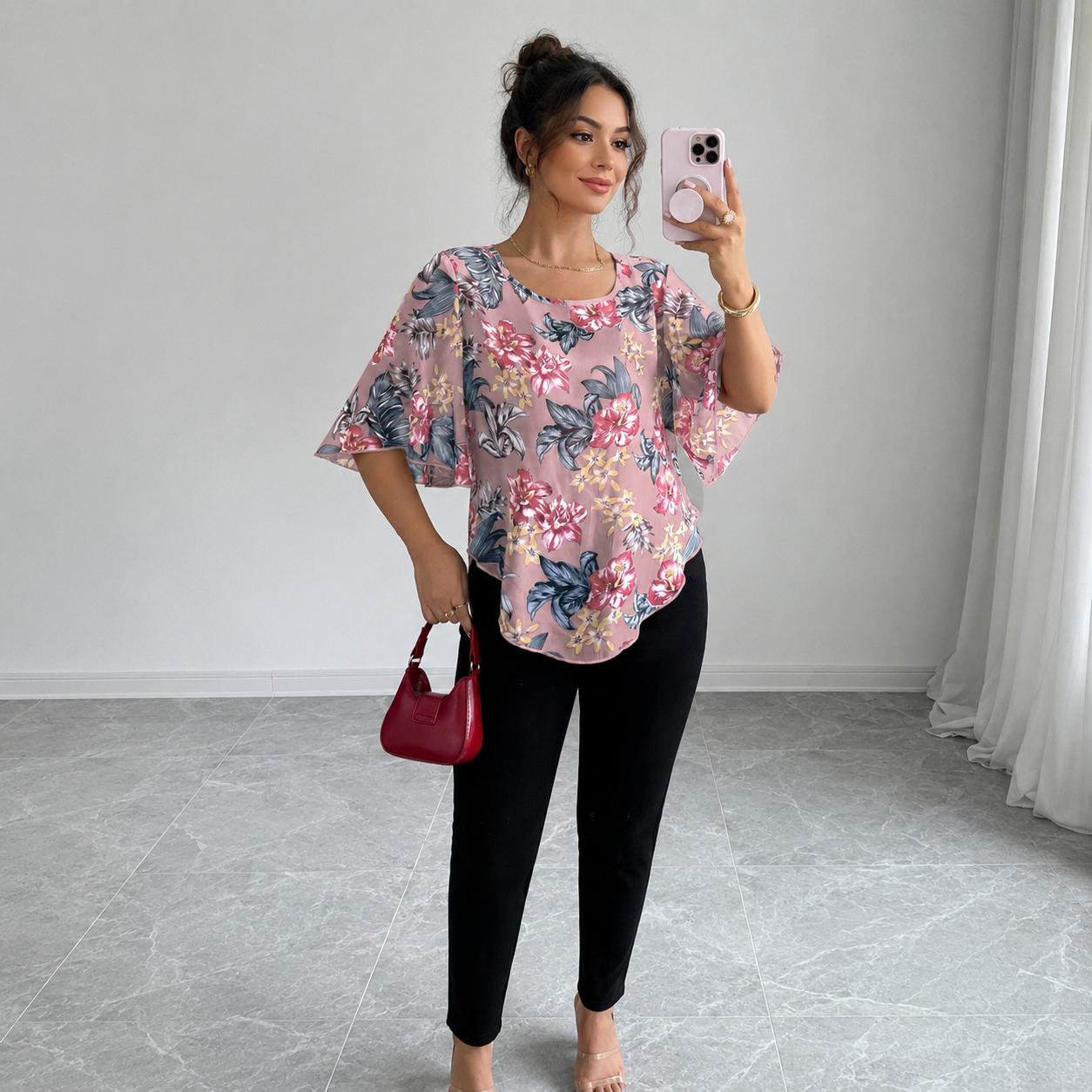 Printed See Through Batwing Sleeve Top For Women