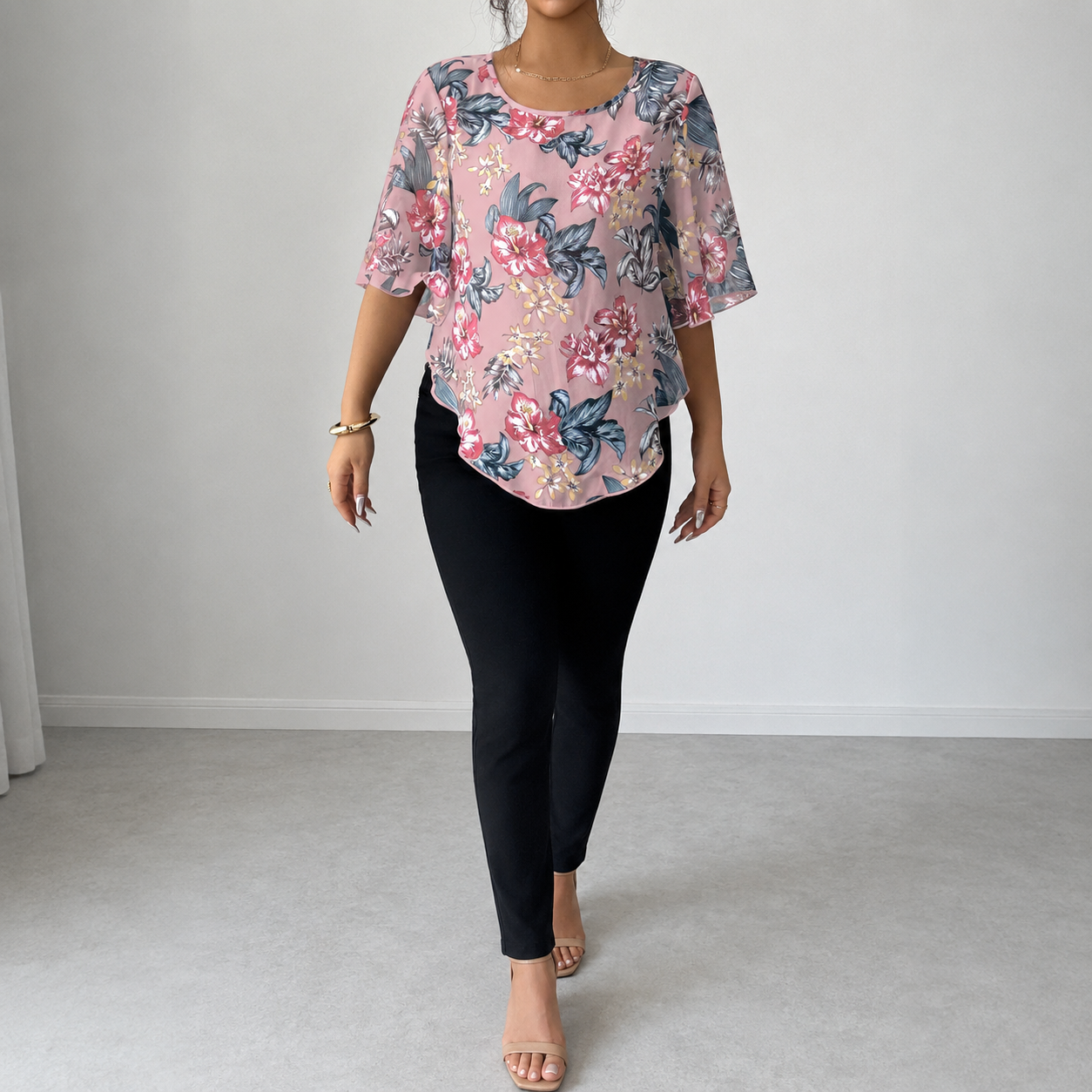 Printed See Through Batwing Sleeve Top For Women