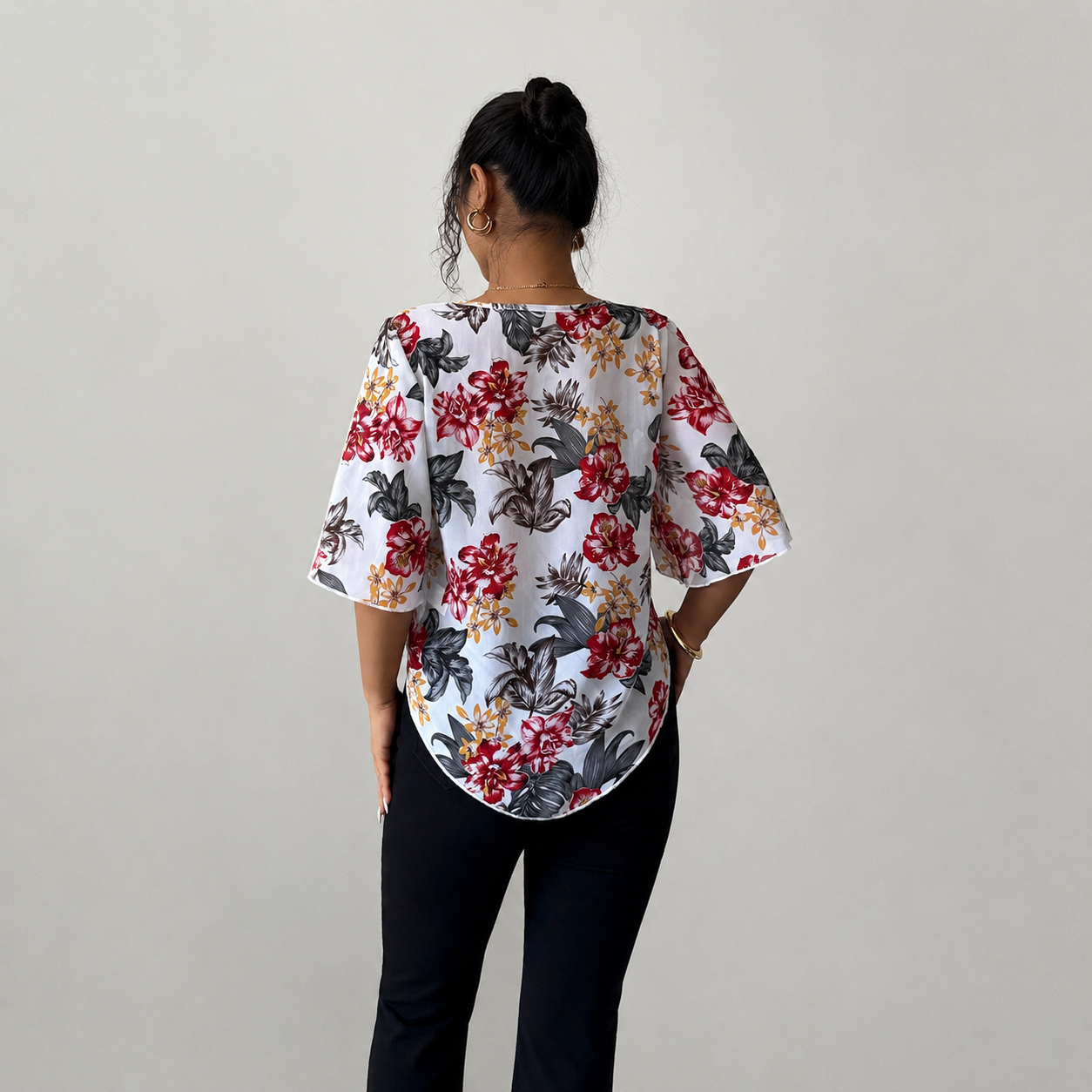 Printed See Through Batwing Sleeve Top For Women