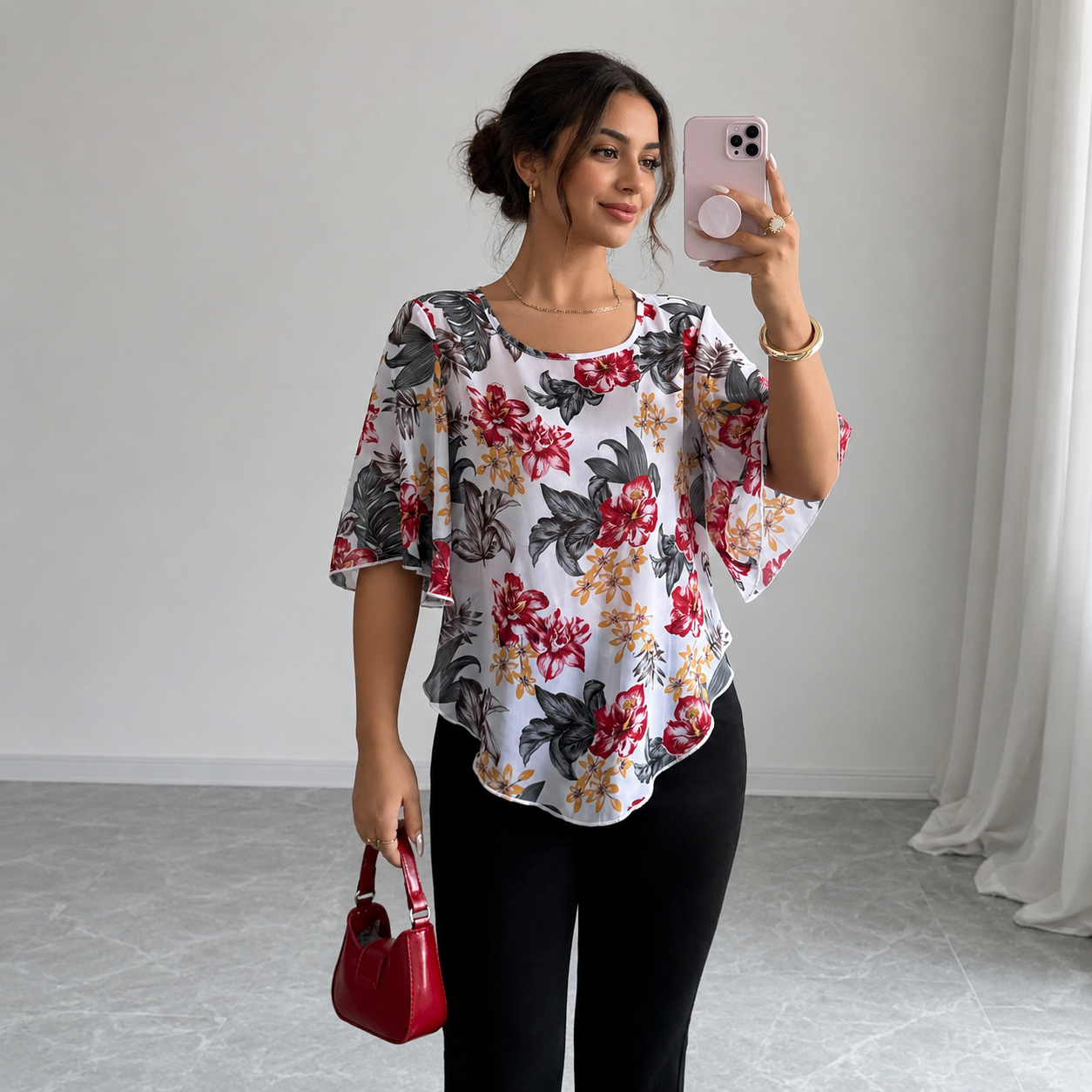 Printed See Through Batwing Sleeve Top For Women