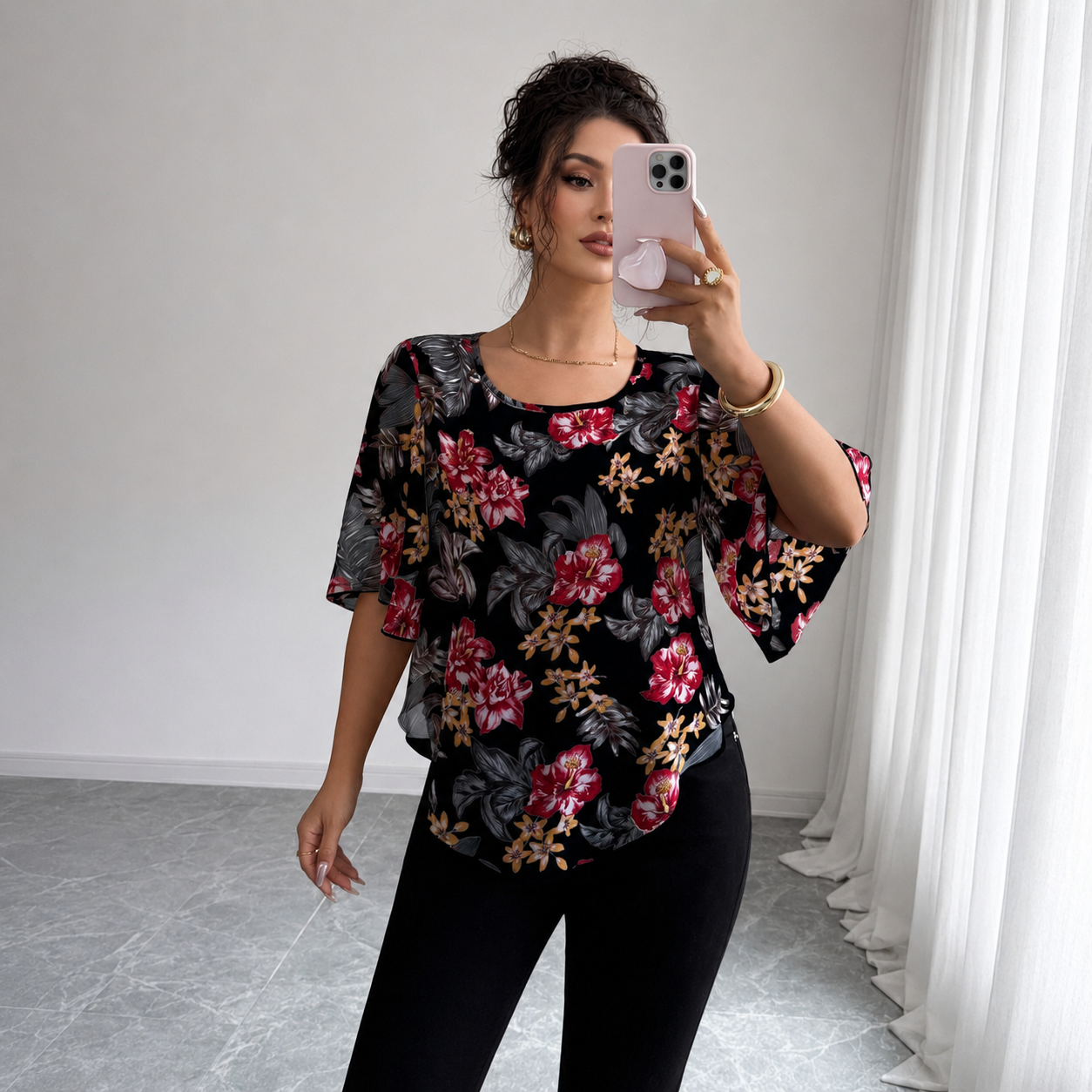 Printed See Through Batwing Sleeve Top For Women