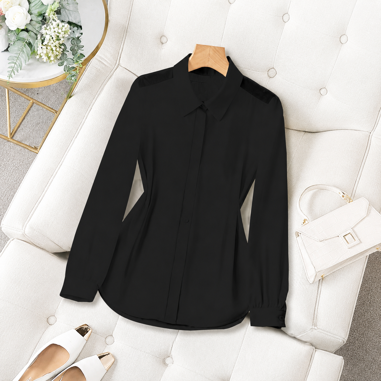 Transparent Plain Long Sleeve Collared Shirt Tops For Women