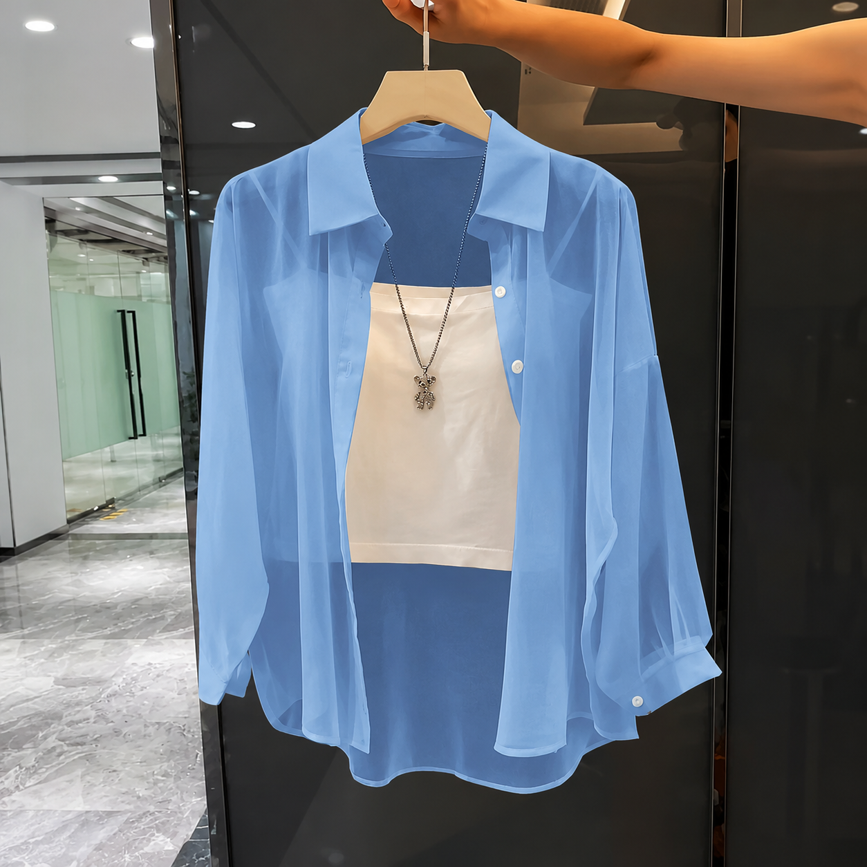 Transparent Plain Long Sleeve Collared Shirt Tops For Women