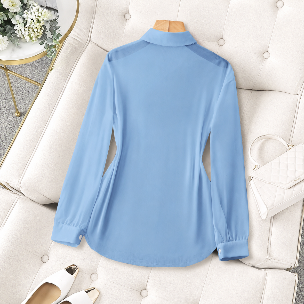 Transparent Plain Long Sleeve Collared Shirt Tops For Women