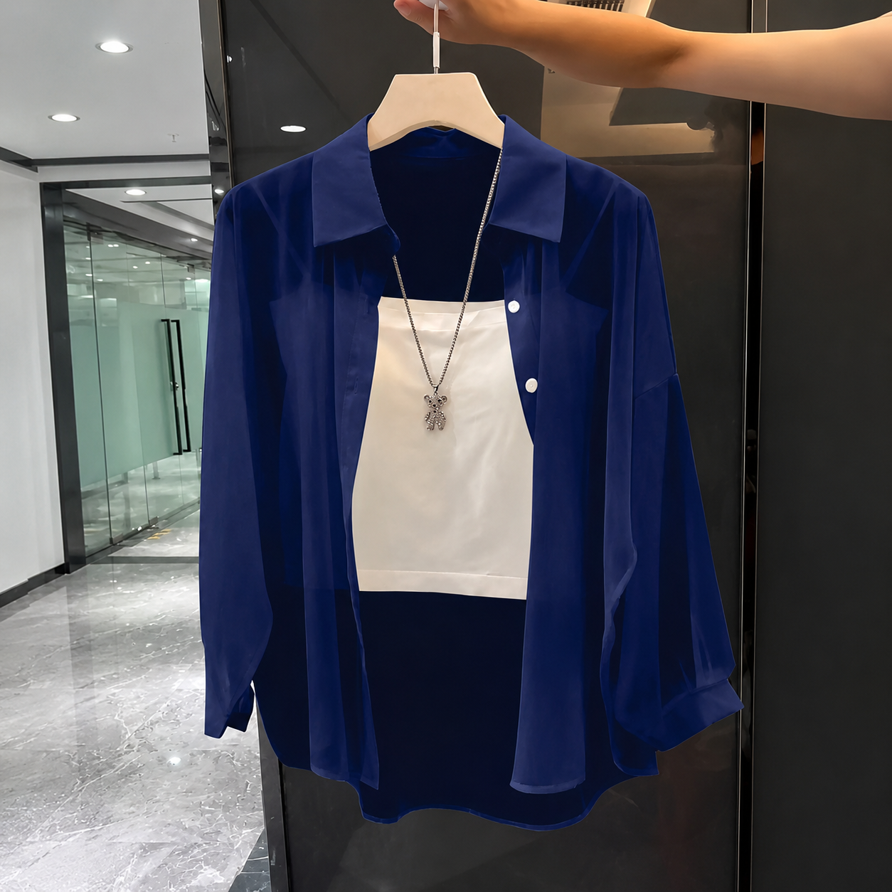 Transparent Plain Long Sleeve Collared Shirt Tops For Women