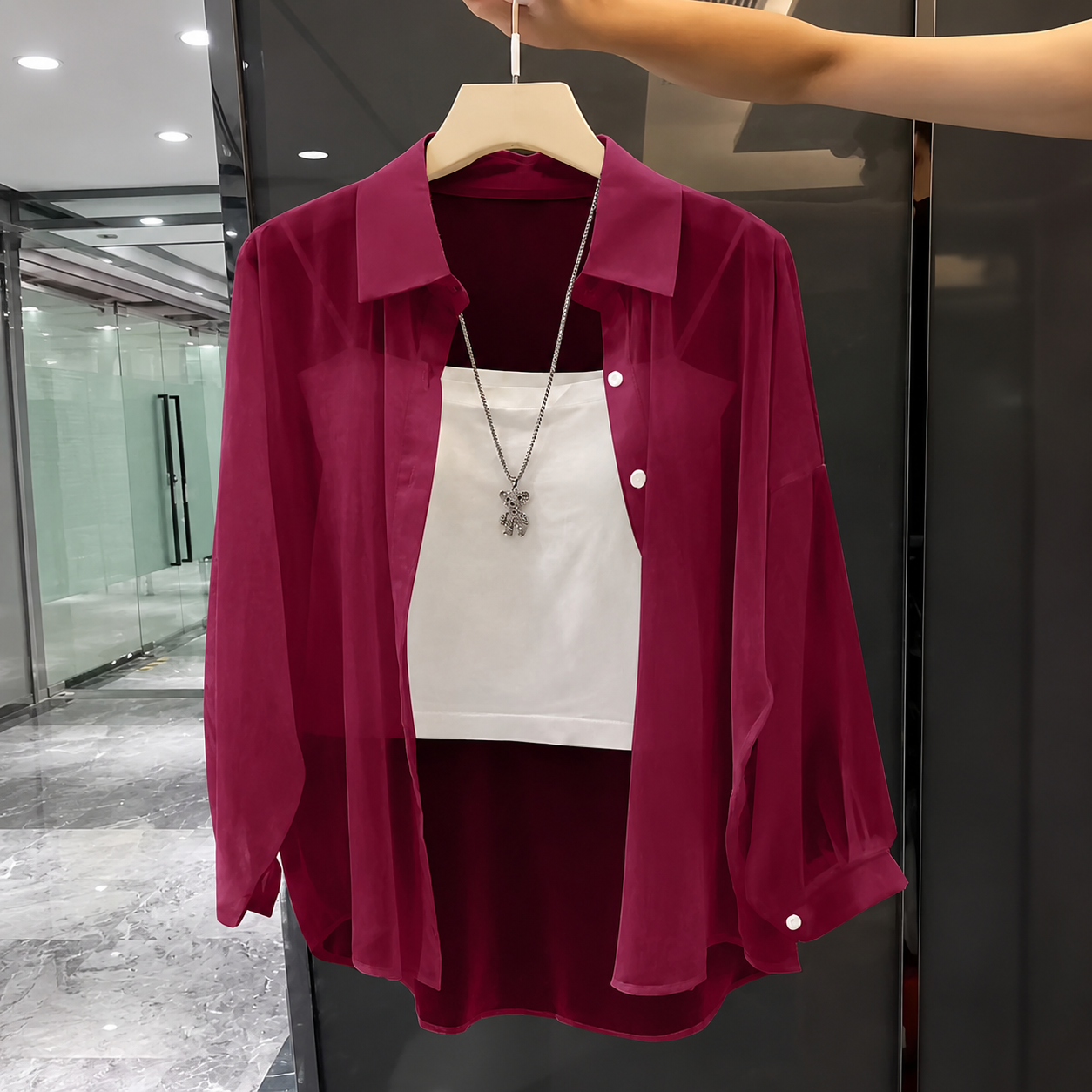 Transparent Plain Long Sleeve Collared Shirt Tops For Women