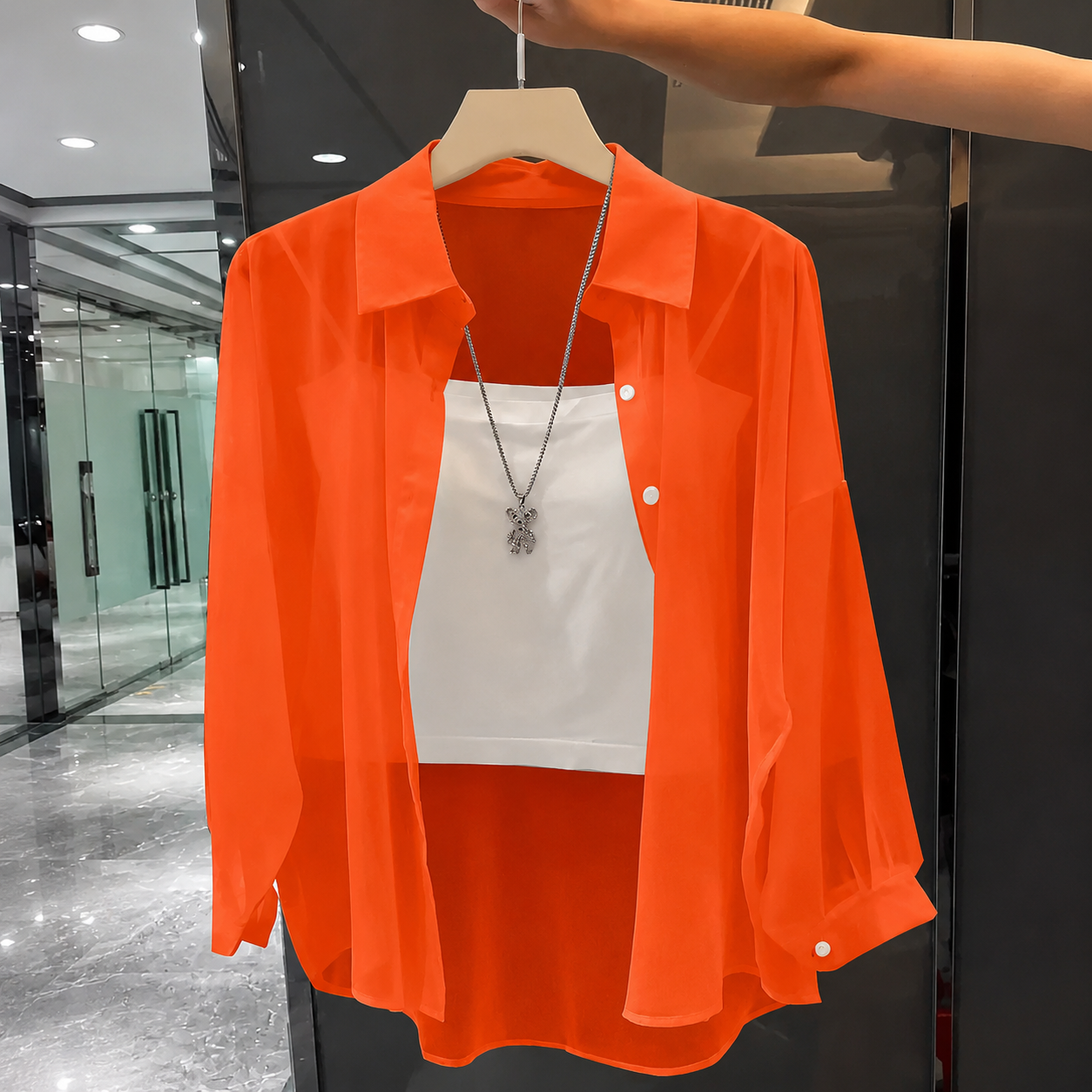 Transparent Plain Long Sleeve Collared Shirt Tops For Women