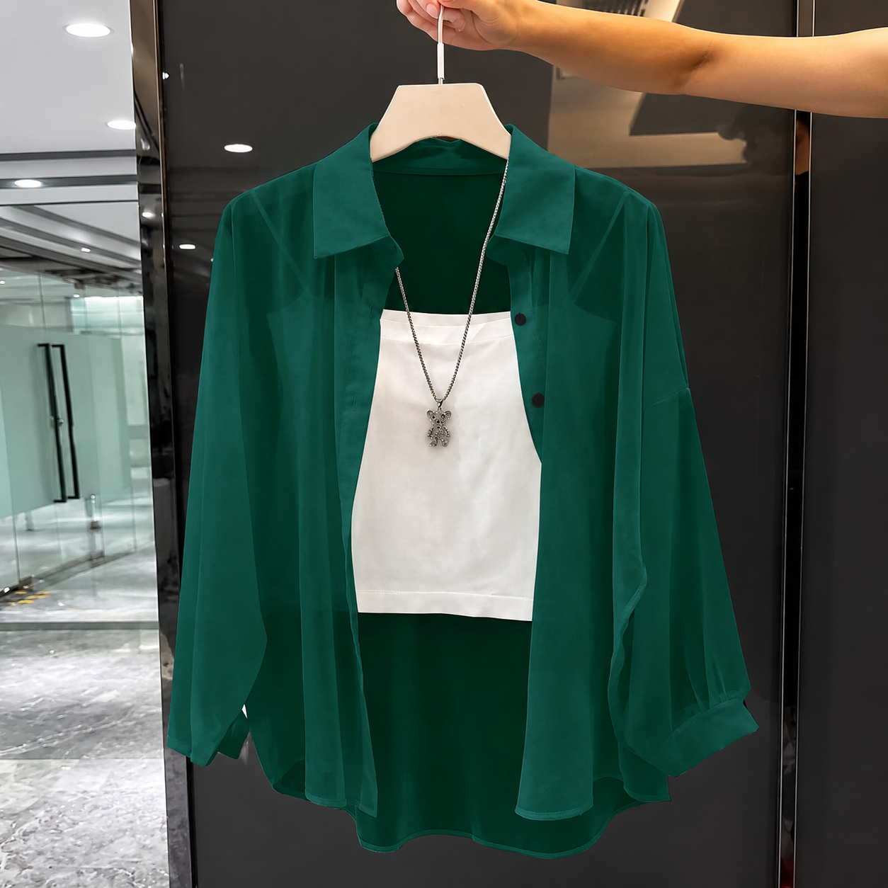 Transparent Plain Long Sleeve Collared Shirt Tops For Women