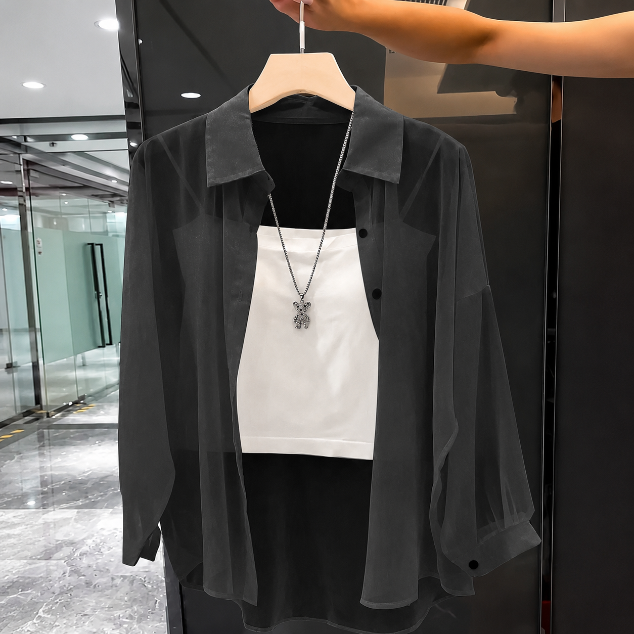 Transparent Plain Long Sleeve Collared Shirt Tops For Women