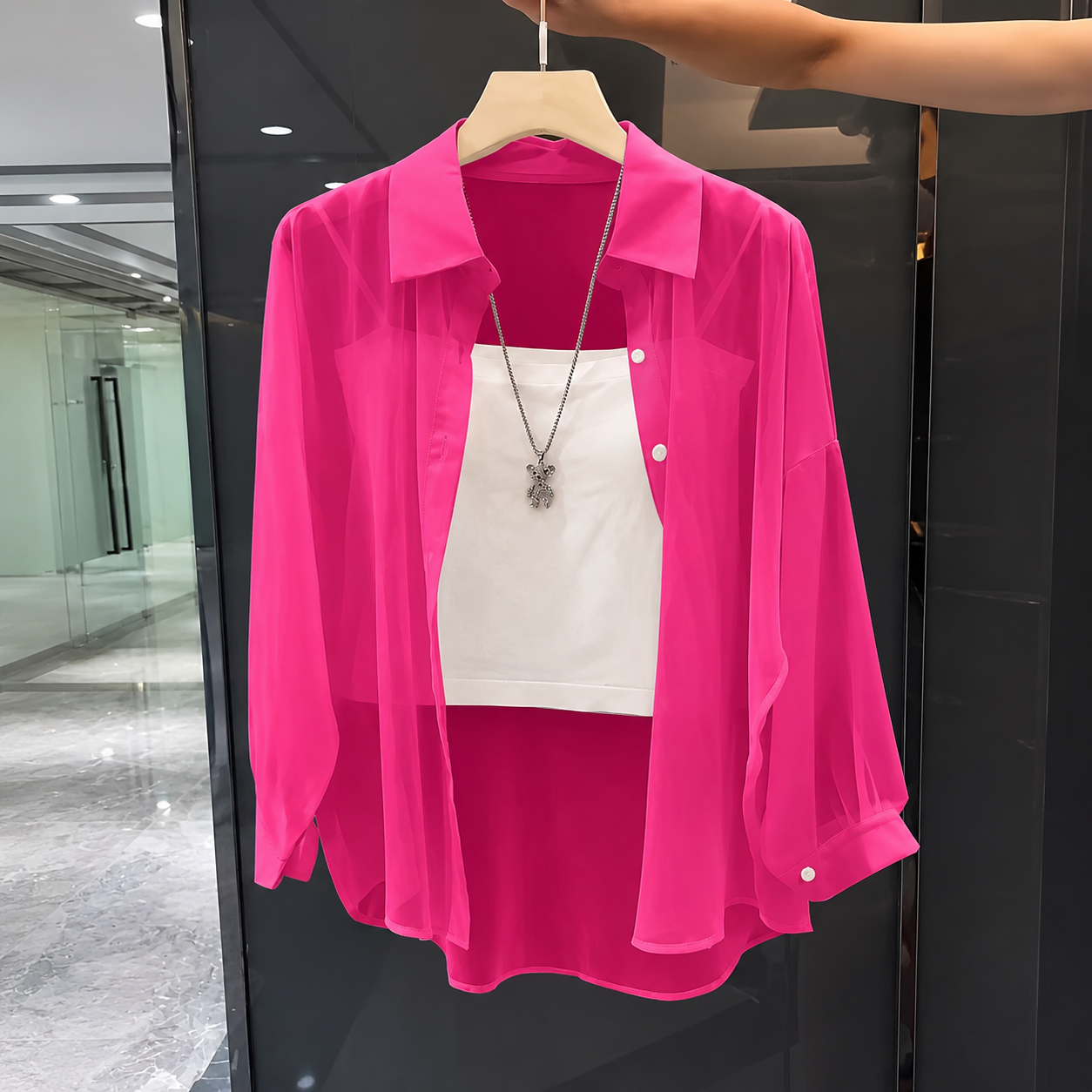Transparent Plain Long Sleeve Collared Shirt Tops For Women