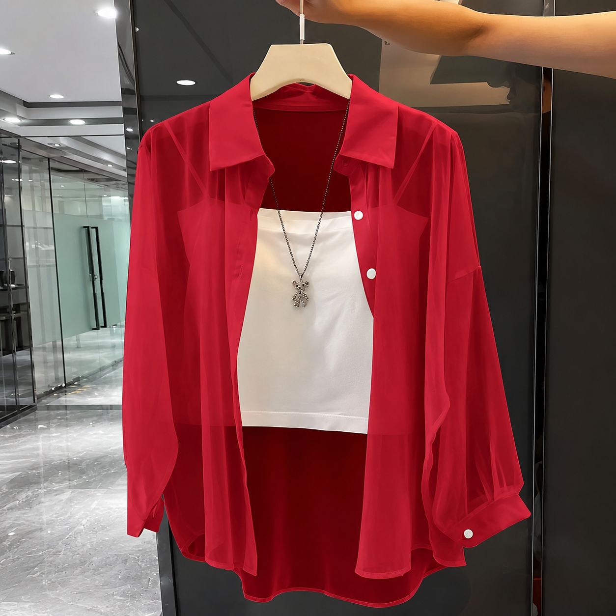 Transparent Plain Long Sleeve Collared Shirt Tops For Women