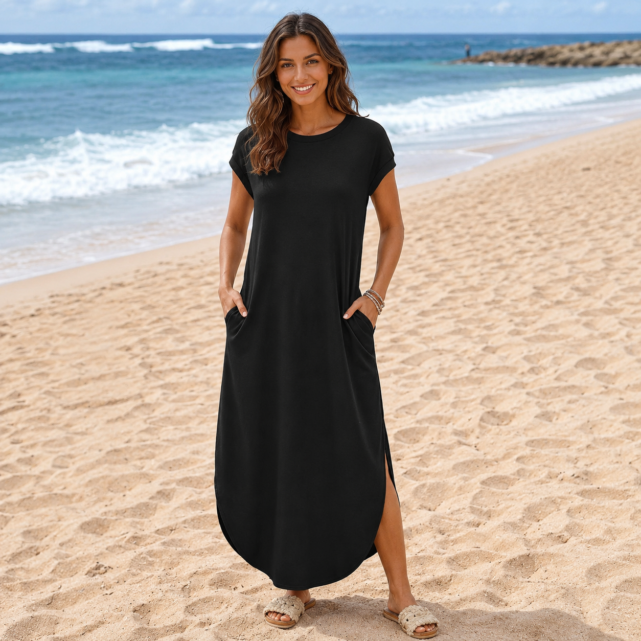Casual Summer Dress With Cap Sleeves And Pockets For Women