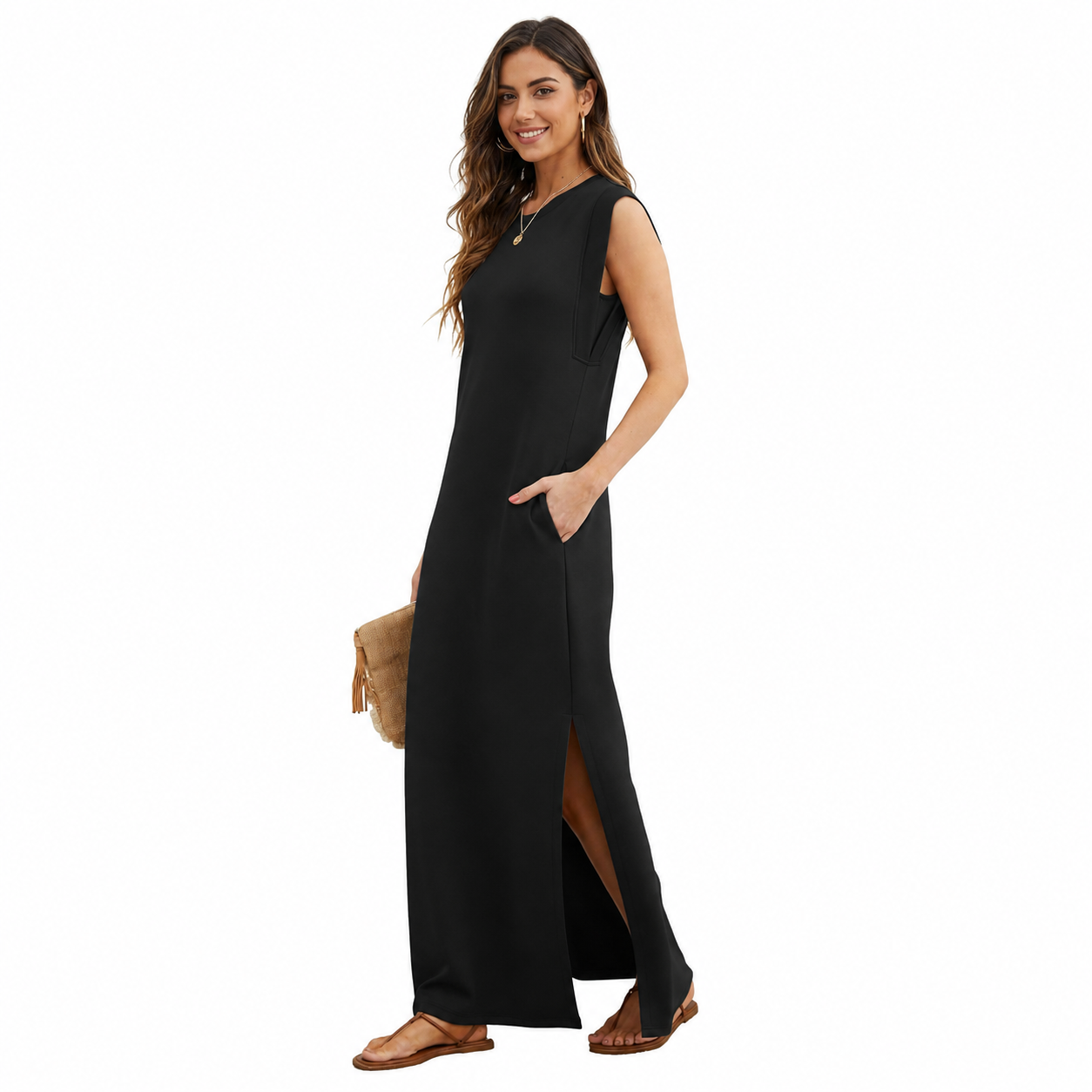 Casual Maxi Loose Vacation Dress With Pockets For Women
