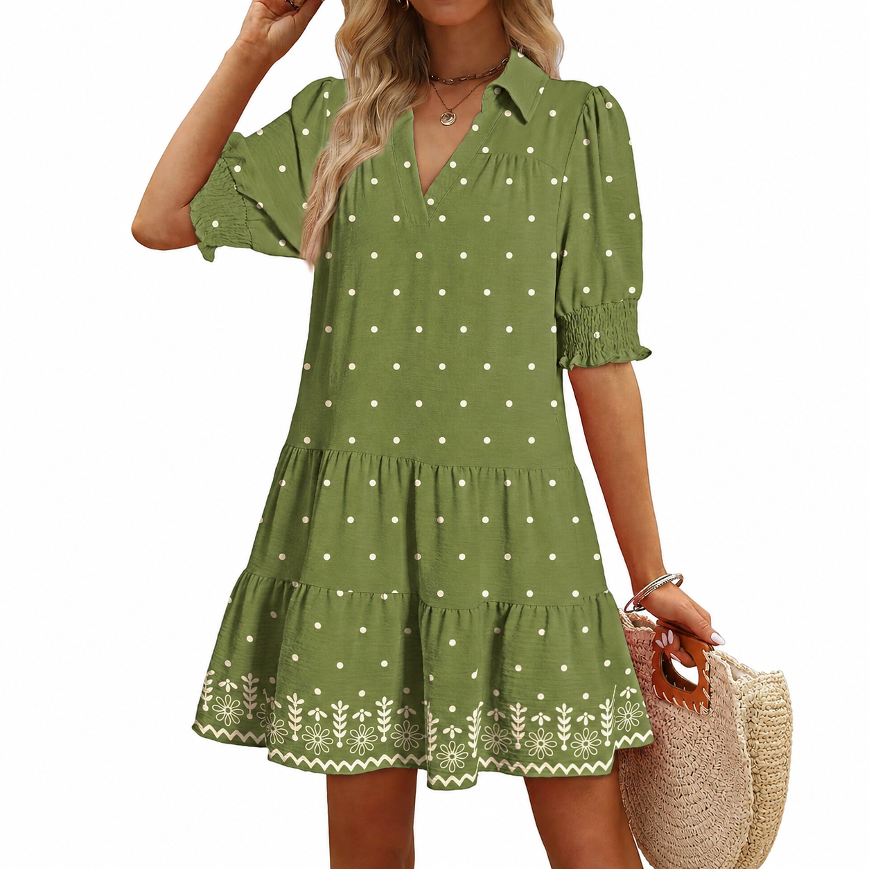 Casual Collared V Patterned Pleated Midi Summer Dress
