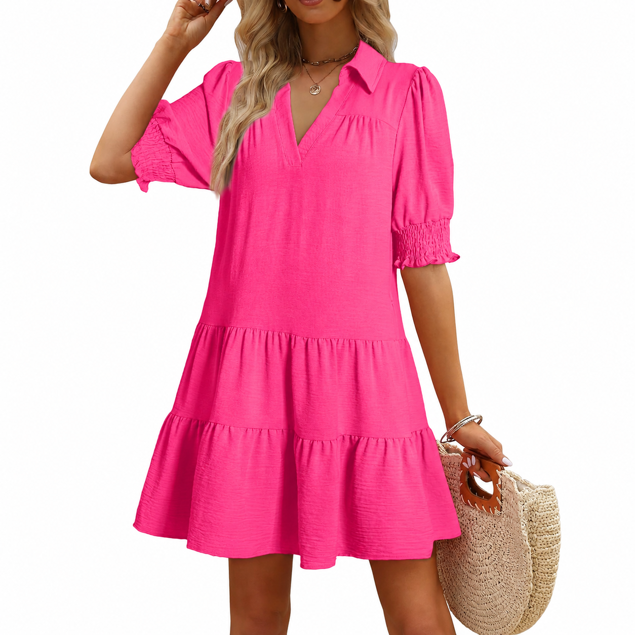 Casual Collared V Patterned Pleated Midi Summer Dress