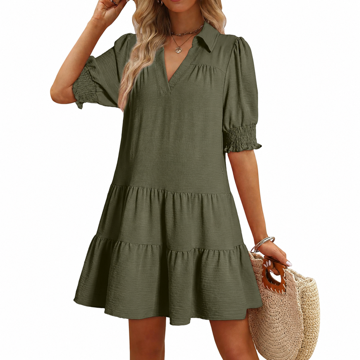 Casual Collared V Patterned Pleated Midi Summer Dress