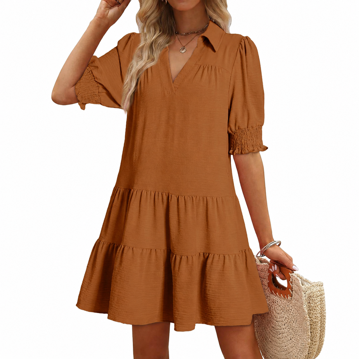 Casual Collared V Patterned Pleated Midi Summer Dress