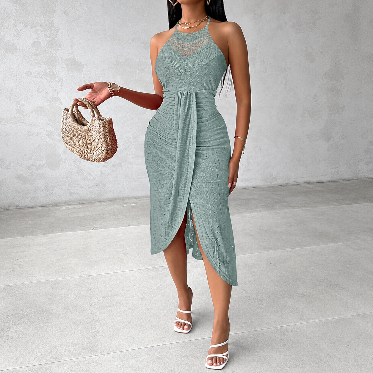 Summer Halter Hollow Out A Line Vacation Dress With Side Slit For Women