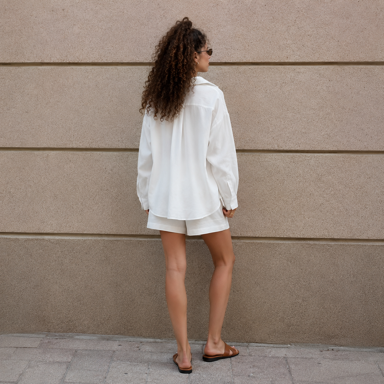 Casual Loose Fit Long Sleeve Shirt And Shorts Two Piece Set For Women