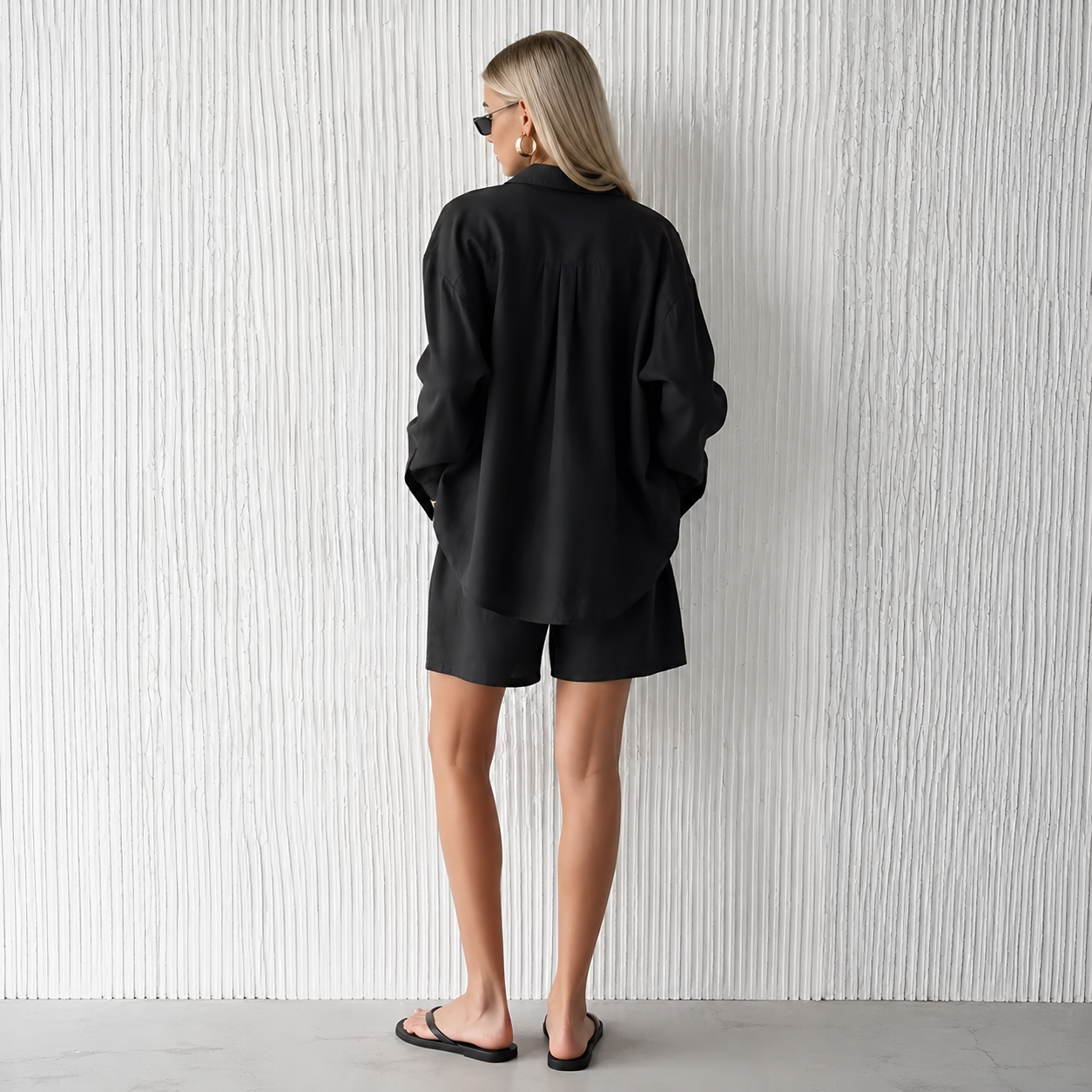 Casual Loose Fit Long Sleeve Shirt And Shorts Two Piece Set For Women