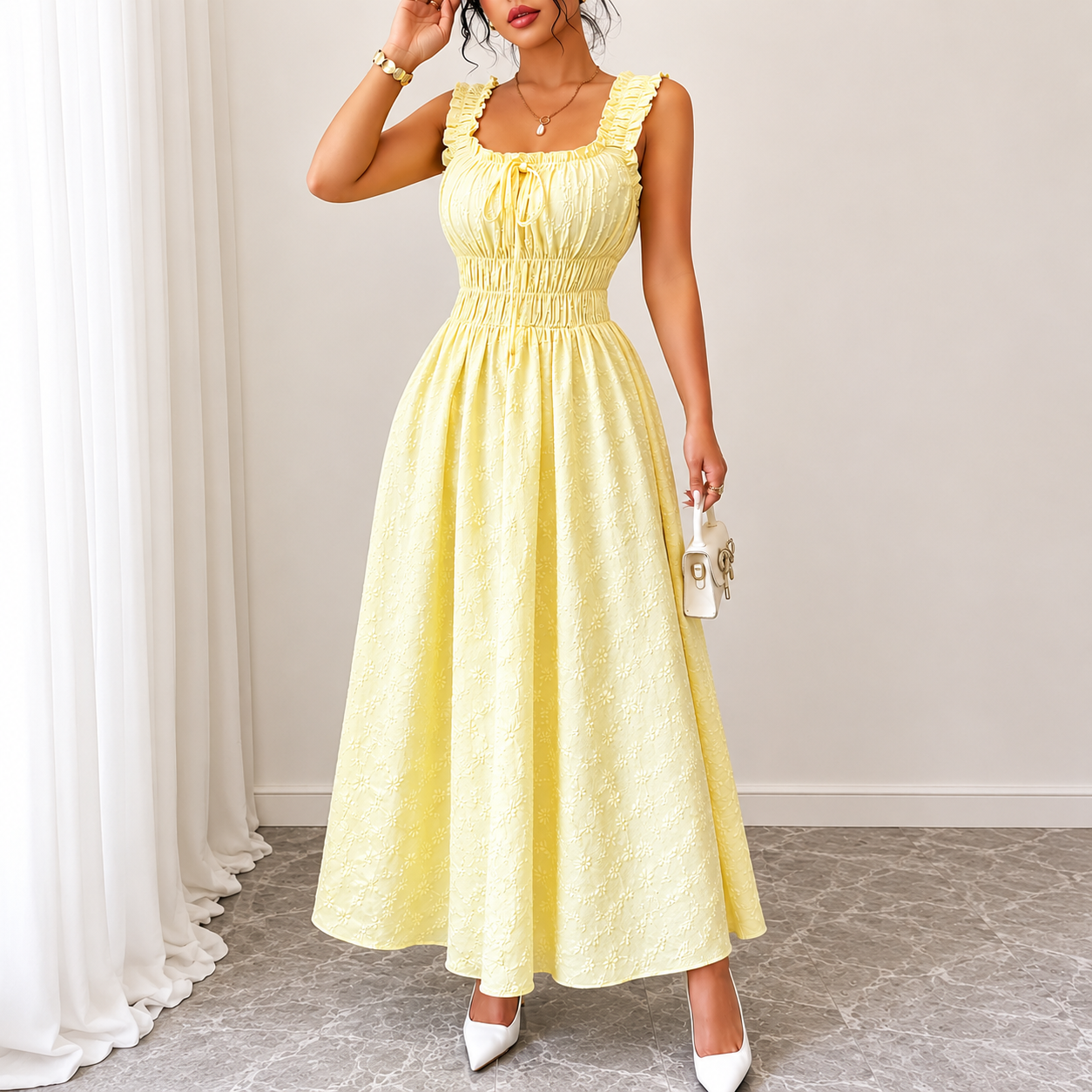 Sleeveless A Line Smocked Maxi Dress With Ruffle Trim Details For Women
