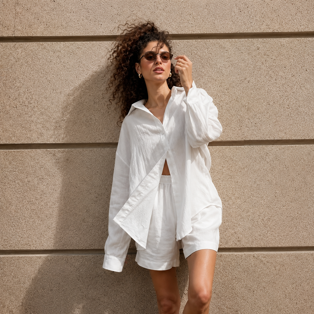 Casual Loose Fit Long Sleeve Shirt And Shorts Two Piece Set For Women