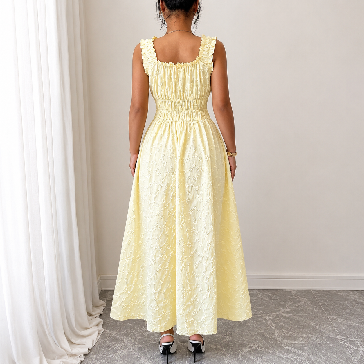 Sleeveless A Line Smocked Maxi Dress With Ruffle Trim Details For Women