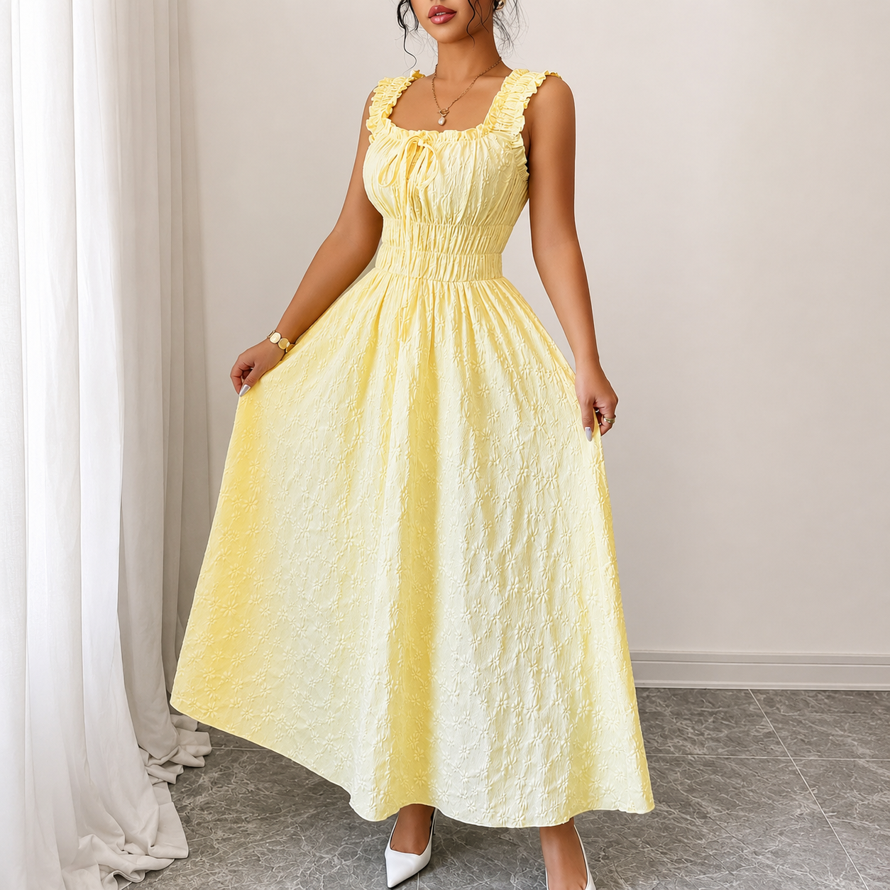 Sleeveless A Line Smocked Maxi Dress With Ruffle Trim Details For Women