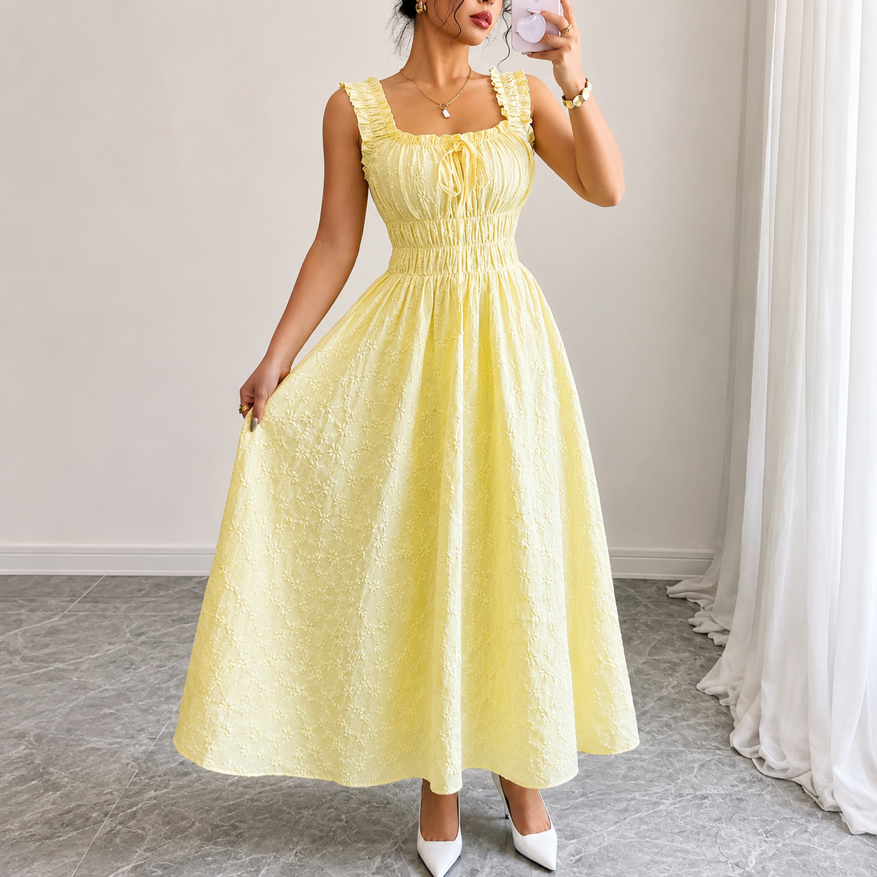 Sleeveless A Line Smocked Maxi Dress With Ruffle Trim Details For Women