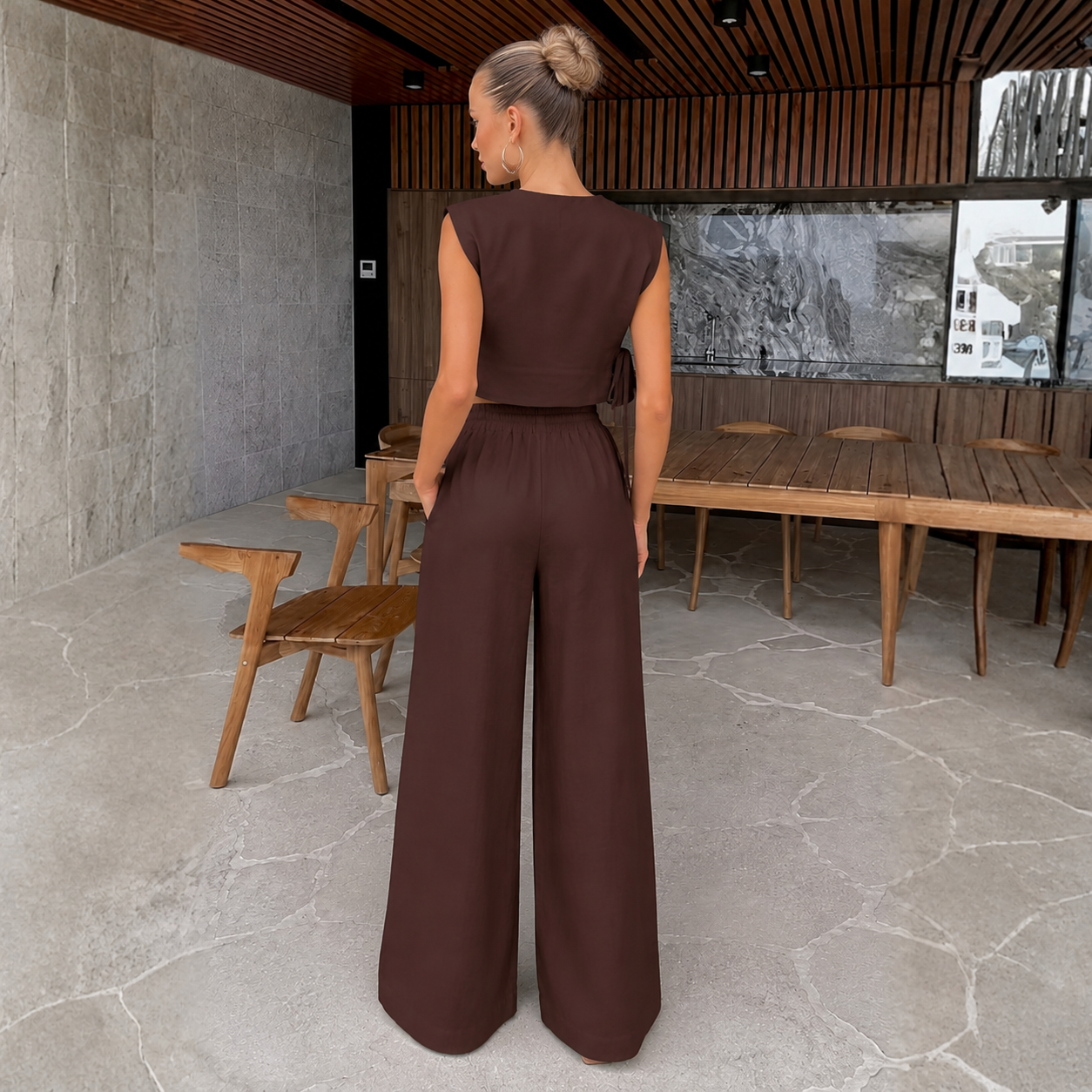Sleeveless Crop Top And High Rise Pants Matching 2 Piece Set For Women