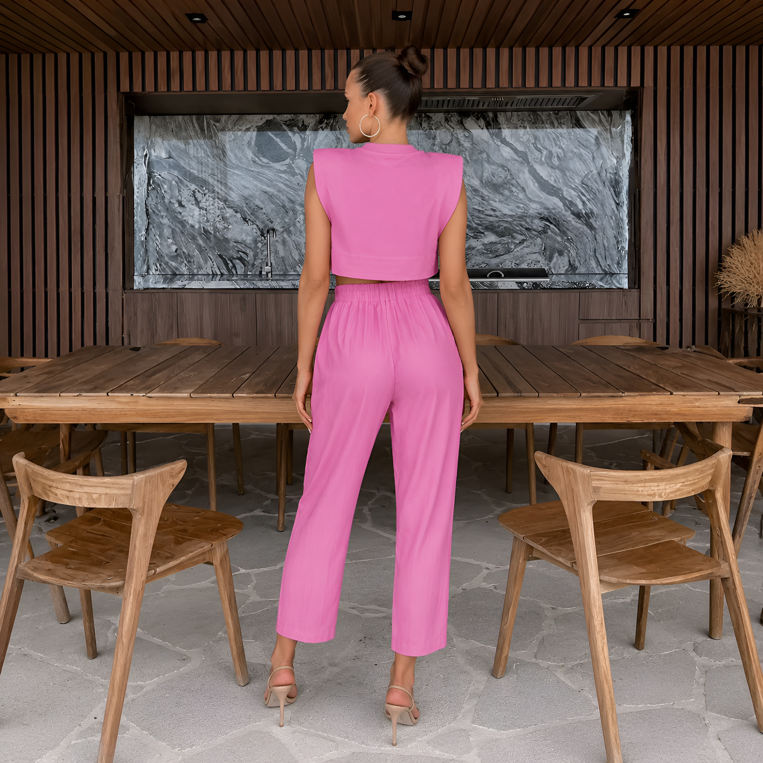 Sleeveless Crop Top And High Rise Pants Matching 2 Piece Set For Women