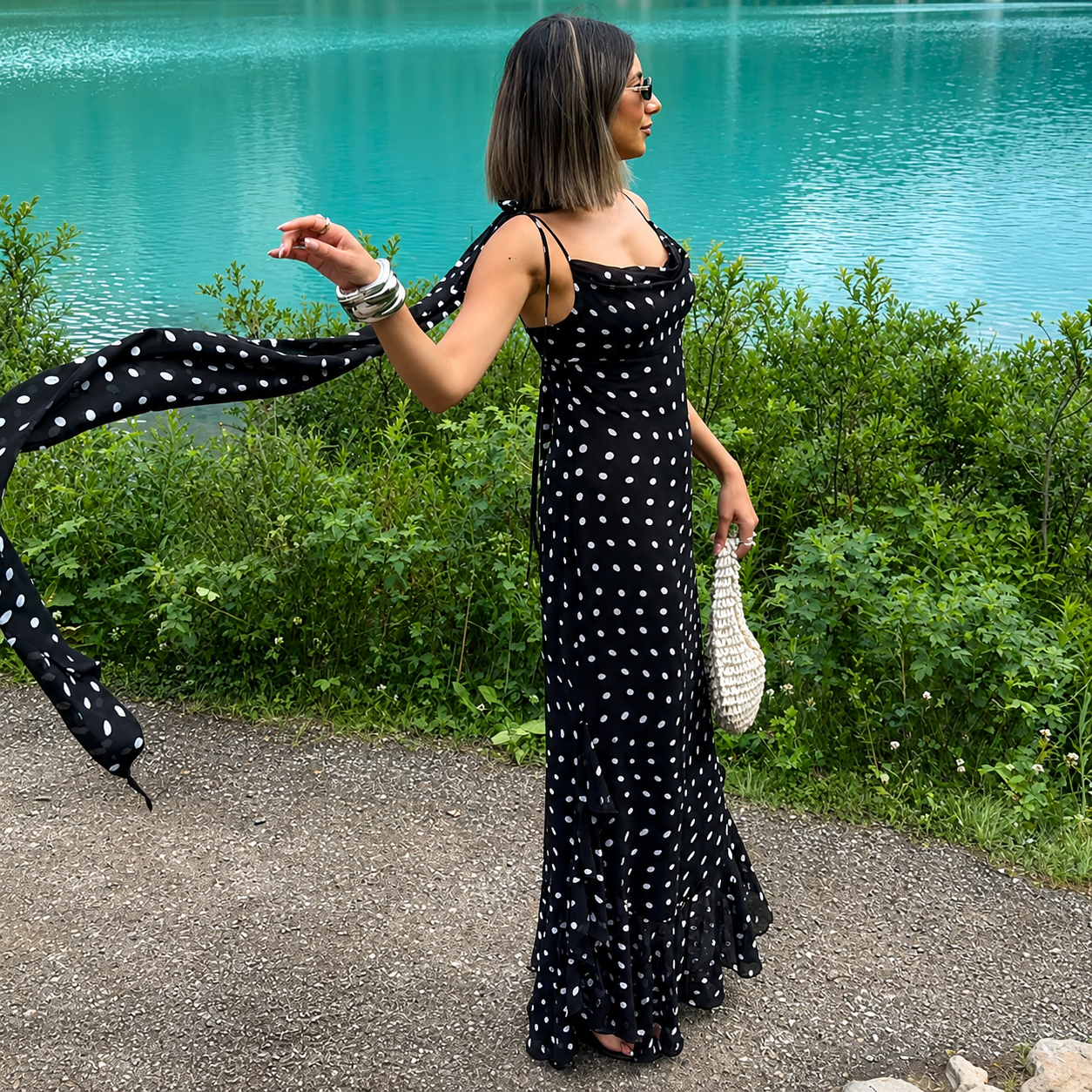 Polka Dot Print Sleeveless Long Summer Dress With Ruffle Hem And Scarf Accent For Women