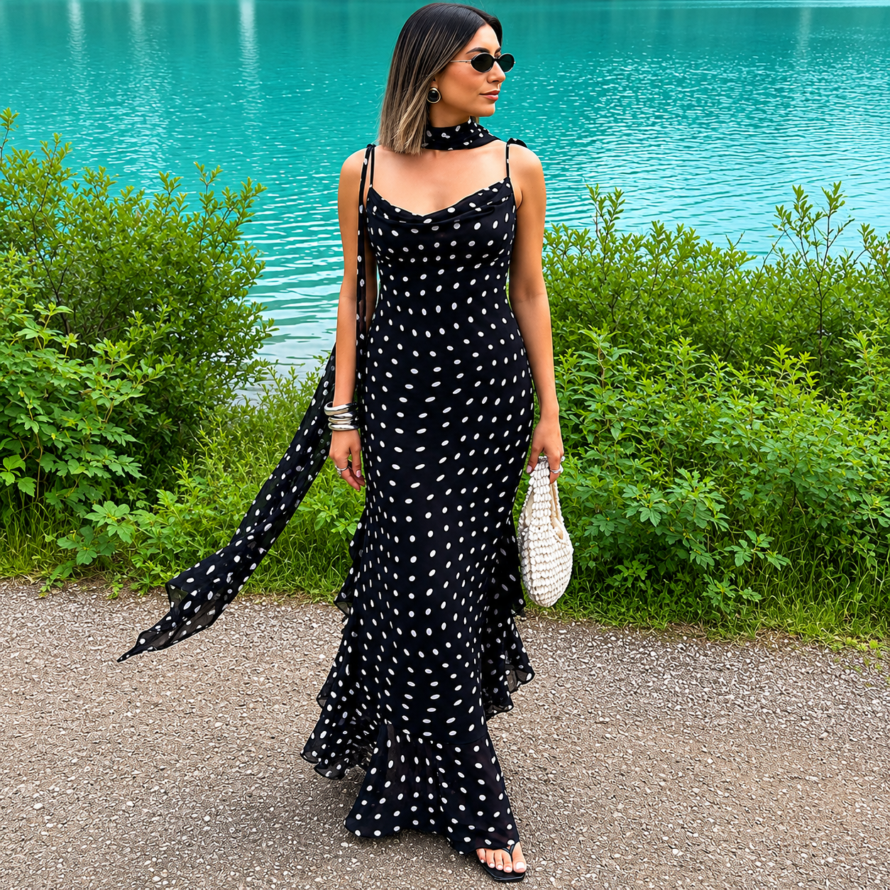 Polka Dot Print Sleeveless Long Summer Dress With Ruffle Hem And Scarf Accent For Women